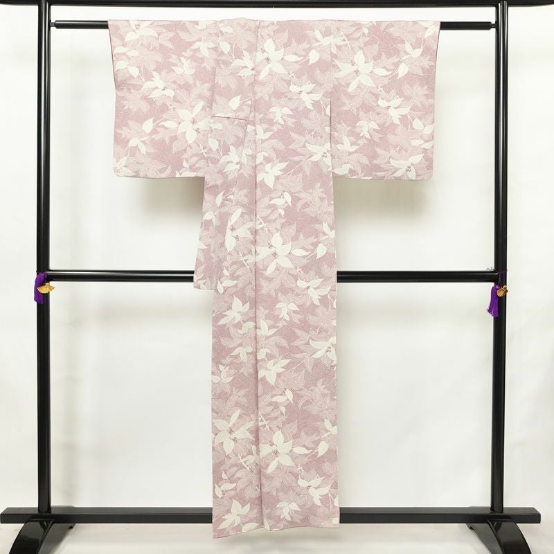 小紋 総柄 正絹 木の葉・植物柄 袷仕立て 身丈153cm 裄丈63cm リサイクル着物 着物 紫・藤色_画像2