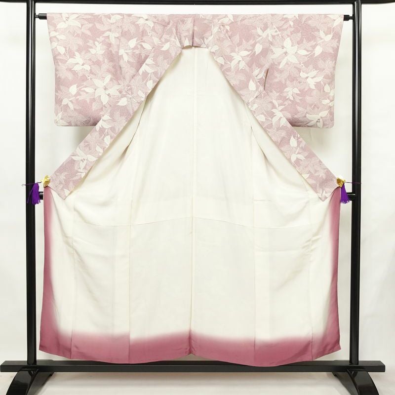 小紋 総柄 正絹 木の葉・植物柄 袷仕立て 身丈153cm 裄丈63cm リサイクル着物 着物 紫・藤色_画像3