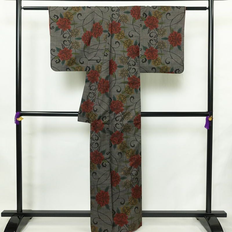 大島紬 証紙なし 正絹 花柄 袷仕立て 身丈160cm 裄丈63cm リサイクル着物 着物 茶_画像2