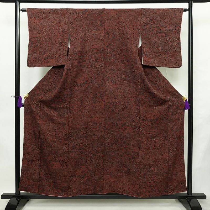 小紋 良品 総柄 正絹 風景柄 袷仕立て 身丈155.5cm 裄丈63cm リサイクル着物 着物 金彩 小豆・エンジ_画像1