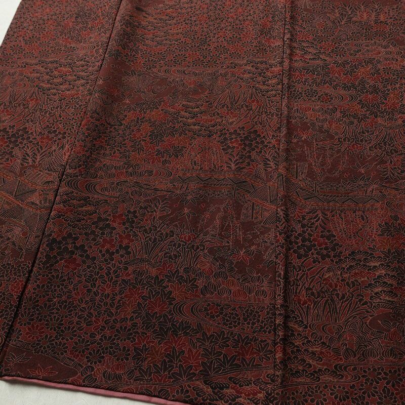 小紋 良品 総柄 正絹 風景柄 袷仕立て 身丈155.5cm 裄丈63cm リサイクル着物 着物 金彩 小豆・エンジ_画像4