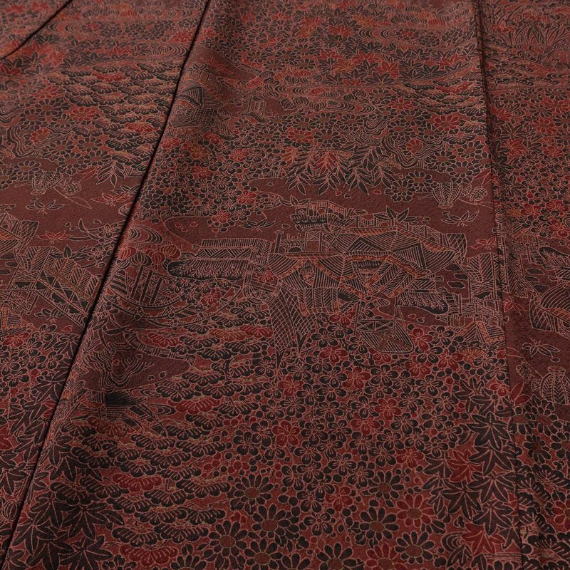 小紋 良品 総柄 正絹 風景柄 袷仕立て 身丈155.5cm 裄丈63cm リサイクル着物 着物 金彩 小豆・エンジ_画像5