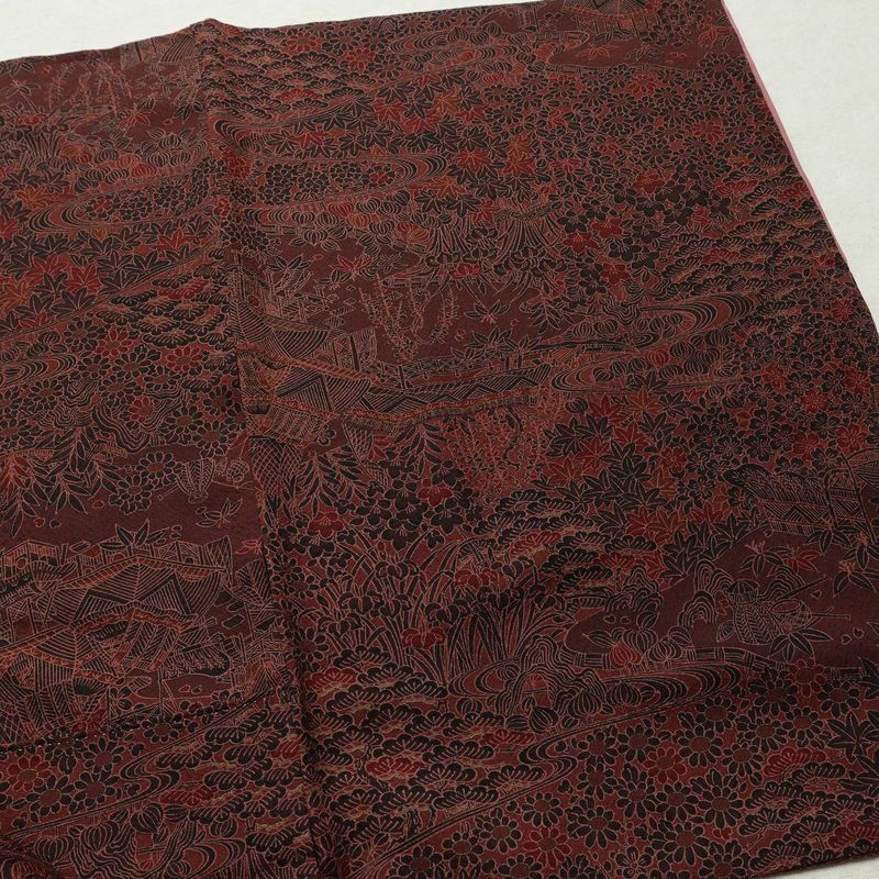 小紋 良品 総柄 正絹 風景柄 袷仕立て 身丈155.5cm 裄丈63cm リサイクル着物 着物 金彩 小豆・エンジ_画像13