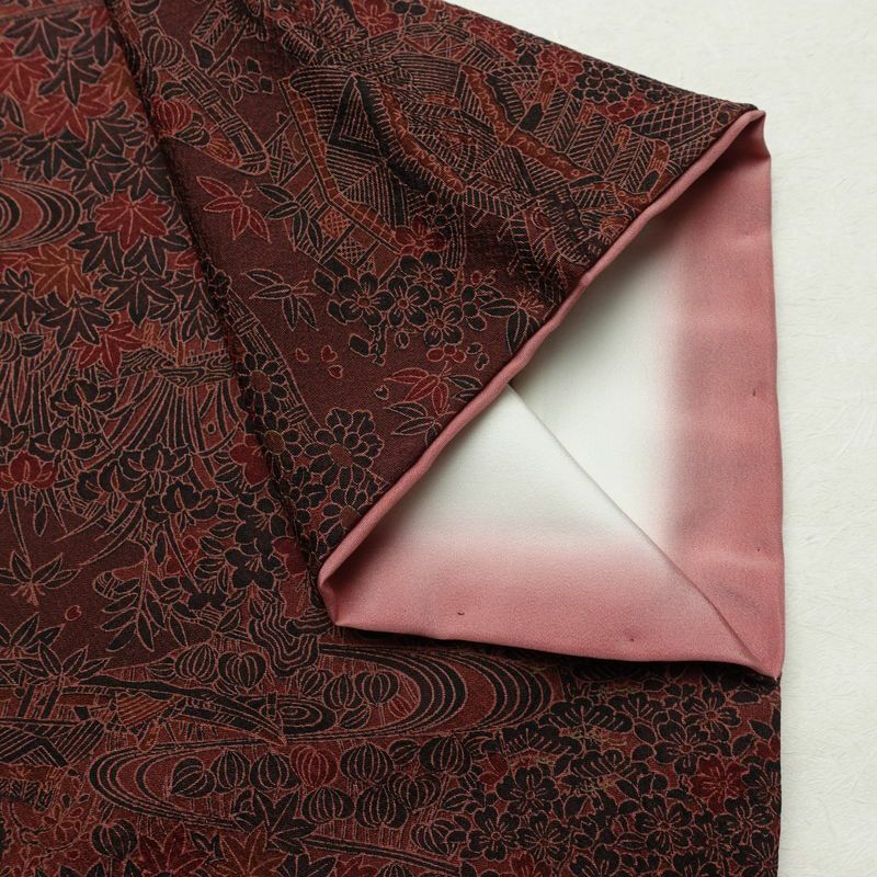 小紋 良品 総柄 正絹 風景柄 袷仕立て 身丈155.5cm 裄丈63cm リサイクル着物 着物 金彩 小豆・エンジ_画像14