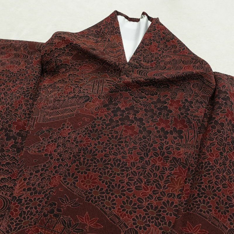 小紋 良品 総柄 正絹 風景柄 袷仕立て 身丈155.5cm 裄丈63cm リサイクル着物 着物 金彩 小豆・エンジ_画像16
