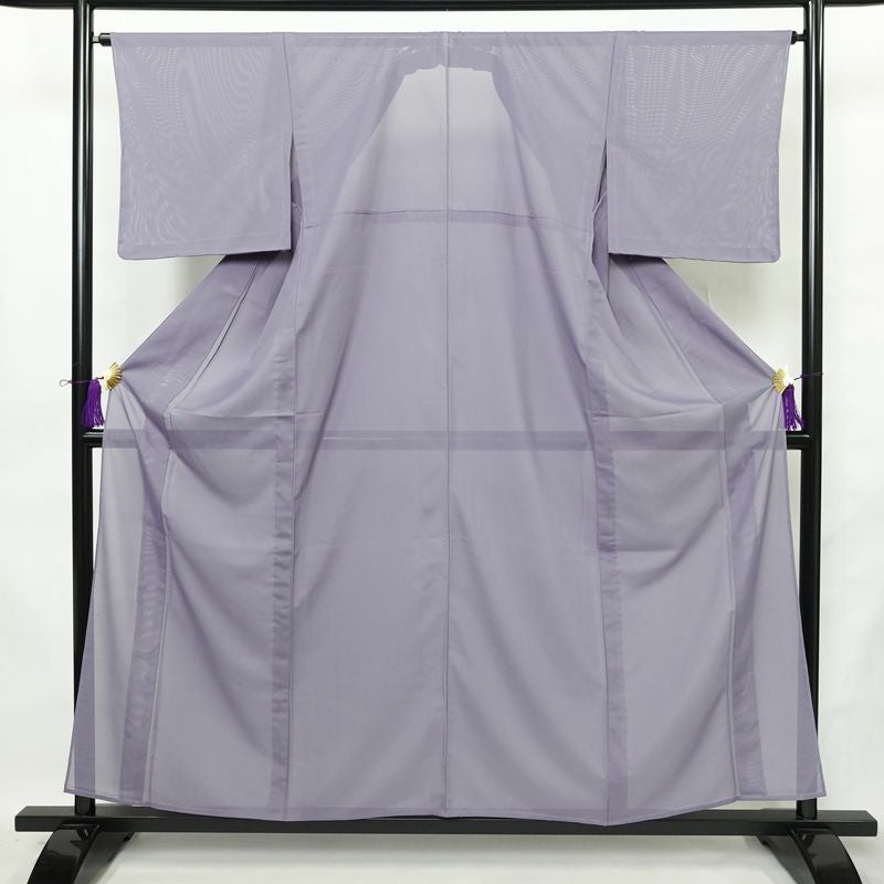 盛夏 色無地 美品 しつけ糸付き 夏用 一つ紋付き バチ衿仕立て ポリエステル 単衣仕立て 身丈157cm 裄丈65cm リサイクル着物 着物 お茶会 フォーマル 紫・藤色_画像1