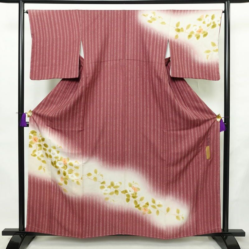 訪問着 良品 しつけ糸付き もみじ染 丹後ちりめん 正絹 花柄 袷仕立て 身丈159.5cm 裄丈65cm リサイクル着物 着物 紫・藤色_画像1