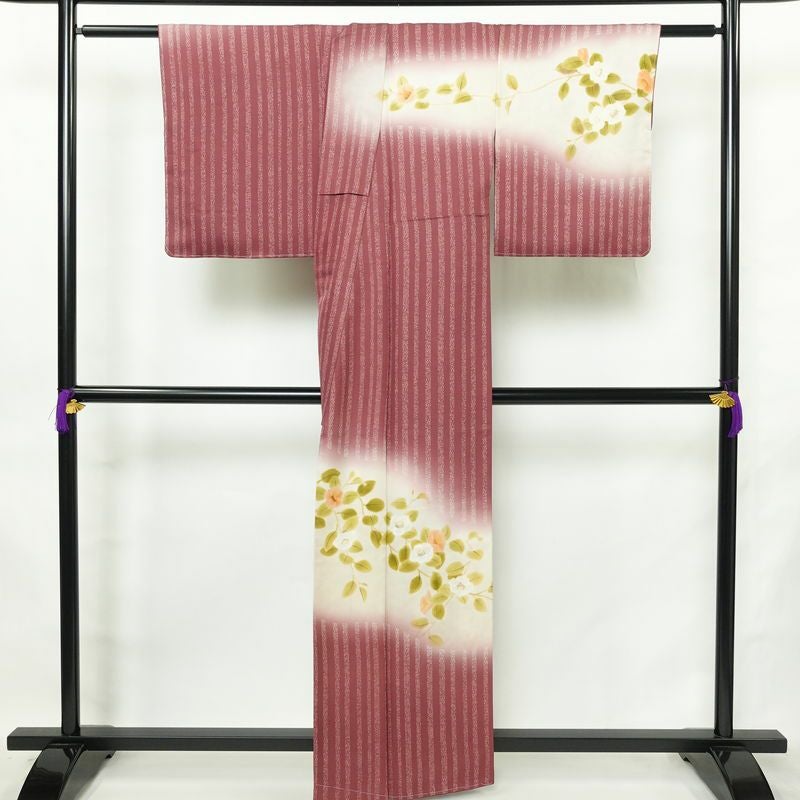 訪問着 良品 しつけ糸付き もみじ染 丹後ちりめん 正絹 花柄 袷仕立て 身丈159.5cm 裄丈65cm リサイクル着物 着物 紫・藤色_画像2