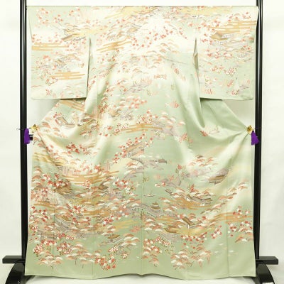 訪問着 良品 金駒刺繍 一つ紋付き 正絹 風景柄 袷仕立て 身丈165.5cm 裄丈68cm リサイクル着物 着物 箔 入学式 卒業式 七五三 お宮参り フォーマル 緑・うぐいす色