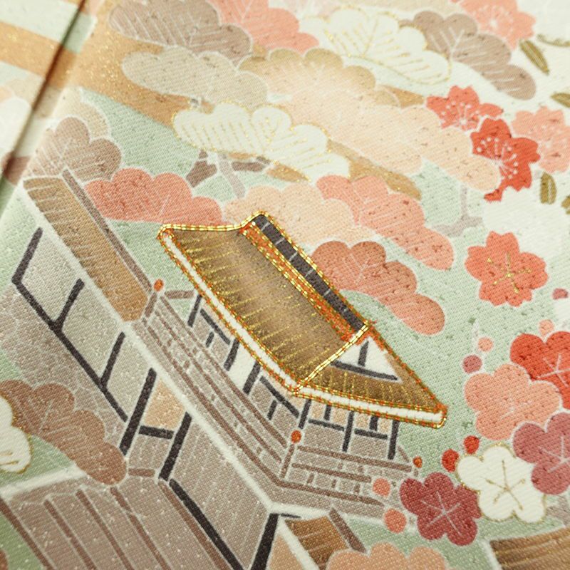 訪問着 良品 金駒刺繍 一つ紋付き 正絹 風景柄 袷仕立て 身丈165.5cm 裄丈68cm リサイクル着物 着物 箔 入学式 卒業式 七五三 お宮参り フォーマル 緑・うぐいす色_画像8