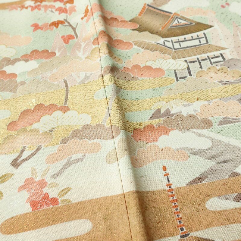 訪問着 良品 金駒刺繍 一つ紋付き 正絹 風景柄 袷仕立て 身丈165.5cm 裄丈68cm リサイクル着物 着物 箔 入学式 卒業式 七五三 お宮参り フォーマル 緑・うぐいす色_画像10