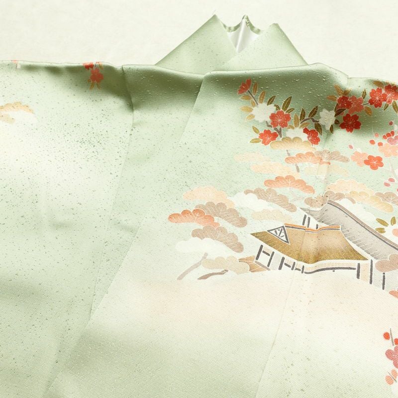 訪問着 良品 金駒刺繍 一つ紋付き 正絹 風景柄 袷仕立て 身丈165.5cm 裄丈68cm リサイクル着物 着物 箔 入学式 卒業式 七五三 お宮参り フォーマル 緑・うぐいす色_画像16