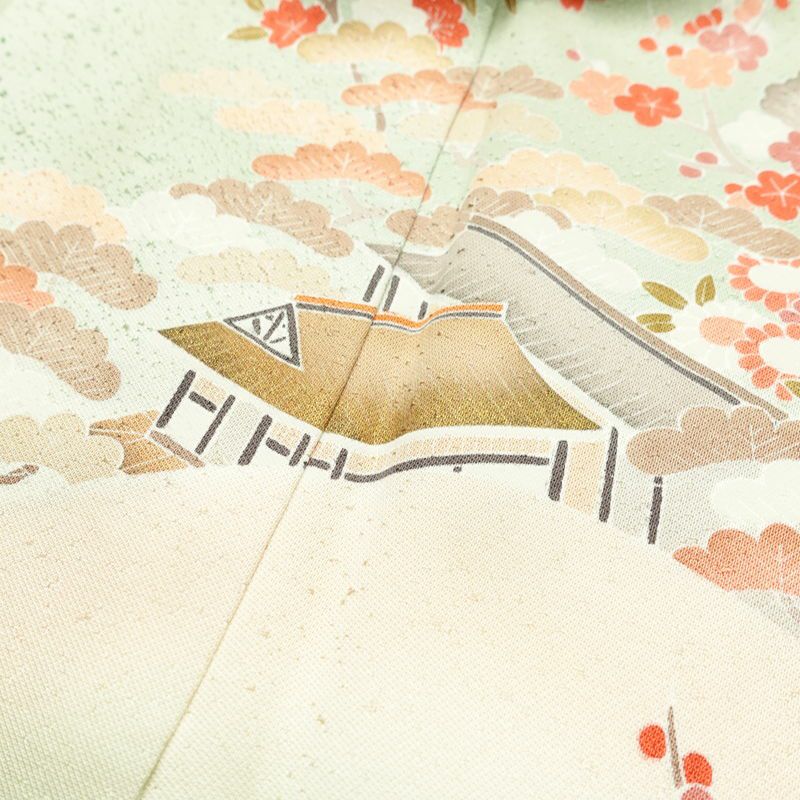 訪問着 良品 金駒刺繍 一つ紋付き 正絹 風景柄 袷仕立て 身丈165.5cm 裄丈68cm リサイクル着物 着物 箔 入学式 卒業式 七五三 お宮参り フォーマル 緑・うぐいす色_画像17