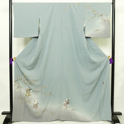訪問着 良品 落款入り 縮緬 正絹 人物・動物柄 袷仕立て 身丈167.5cm 裄丈67cm リサイクル着物 着物 入学式 卒業式 七五三 お宮参り フォーマル 青・紺