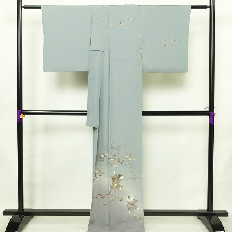 訪問着 良品 落款入り 縮緬 正絹 人物・動物柄 袷仕立て 身丈167.5cm 裄丈67cm リサイクル着物 着物 入学式 卒業式 七五三 お宮参り フォーマル 青・紺_画像2