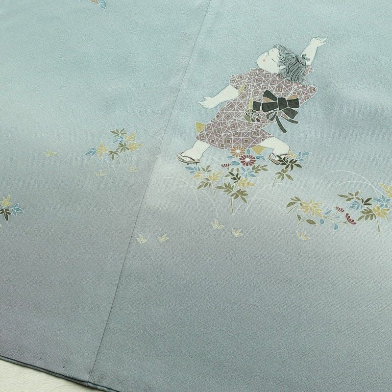 訪問着 良品 落款入り 縮緬 正絹 人物・動物柄 袷仕立て 身丈167.5cm 裄丈67cm リサイクル着物 着物 入学式 卒業式 七五三 お宮参り フォーマル 青・紺_画像12