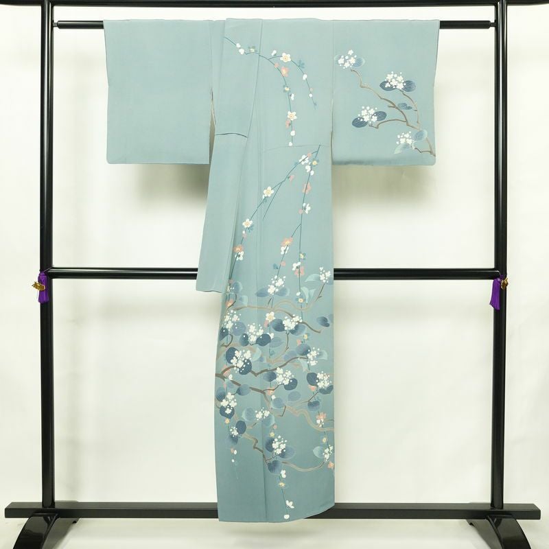 訪問着 落款入り 縮緬 一つ紋付き 正絹 花柄 袷仕立て 身丈150cm 裄丈63cm リサイクル着物 着物 共八掛 入学式 卒業式 七五三 お宮参り フォーマル 青・紺_画像2