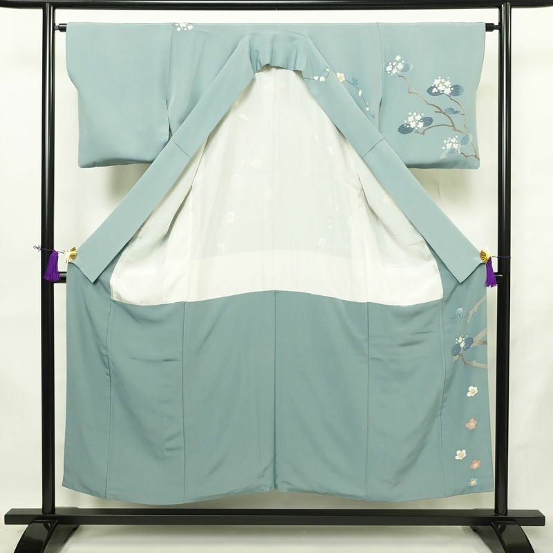 訪問着 落款入り 縮緬 一つ紋付き 正絹 花柄 袷仕立て 身丈150cm 裄丈63cm リサイクル着物 着物 共八掛 入学式 卒業式 七五三 お宮参り フォーマル 青・紺_画像3