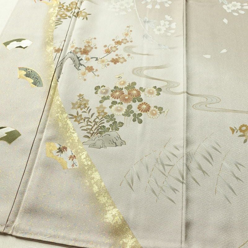 訪問着 金駒刺繍 一つ紋付き 正絹 古典柄 袷仕立て 身丈160cm 裄丈62.5cm リサイクル着物 着物 刺繍 箔 入学式 卒業式 七五三 お宮参り フォーマル グレージュ グレー_画像4