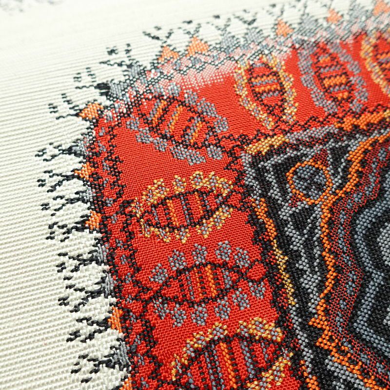 名古屋帯 太鼓柄 正絹 幾何学柄・抽象柄 松葉仕立て なごや帯 リサイクル帯 帯 モダン 紬地 白_画像5