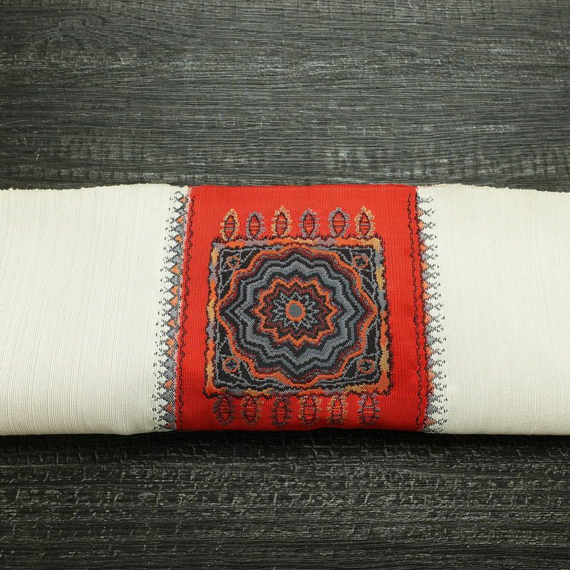 名古屋帯 太鼓柄 正絹 幾何学柄・抽象柄 松葉仕立て なごや帯 リサイクル帯 帯 モダン 紬地 白_画像16