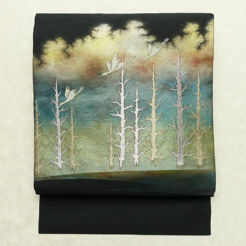 名古屋帯 太鼓柄 正絹 風景柄 名古屋仕立て なごや帯 リサイクル帯 帯 箔 黒_画像1