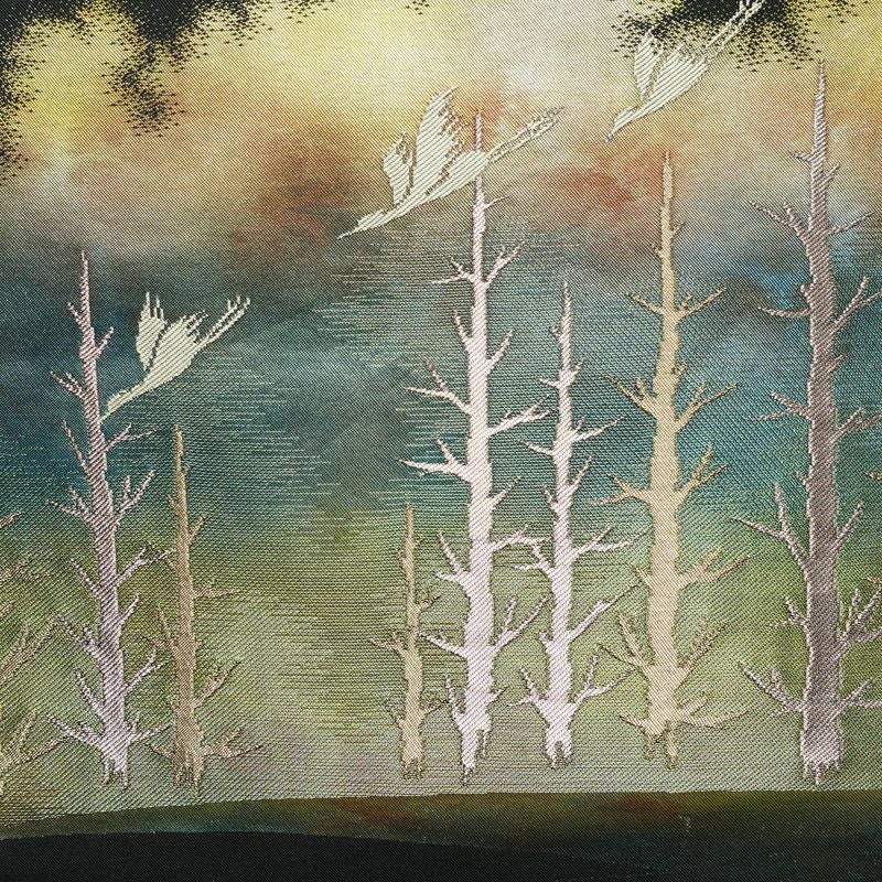 名古屋帯 太鼓柄 正絹 風景柄 名古屋仕立て なごや帯 リサイクル帯 帯 箔 黒_画像2