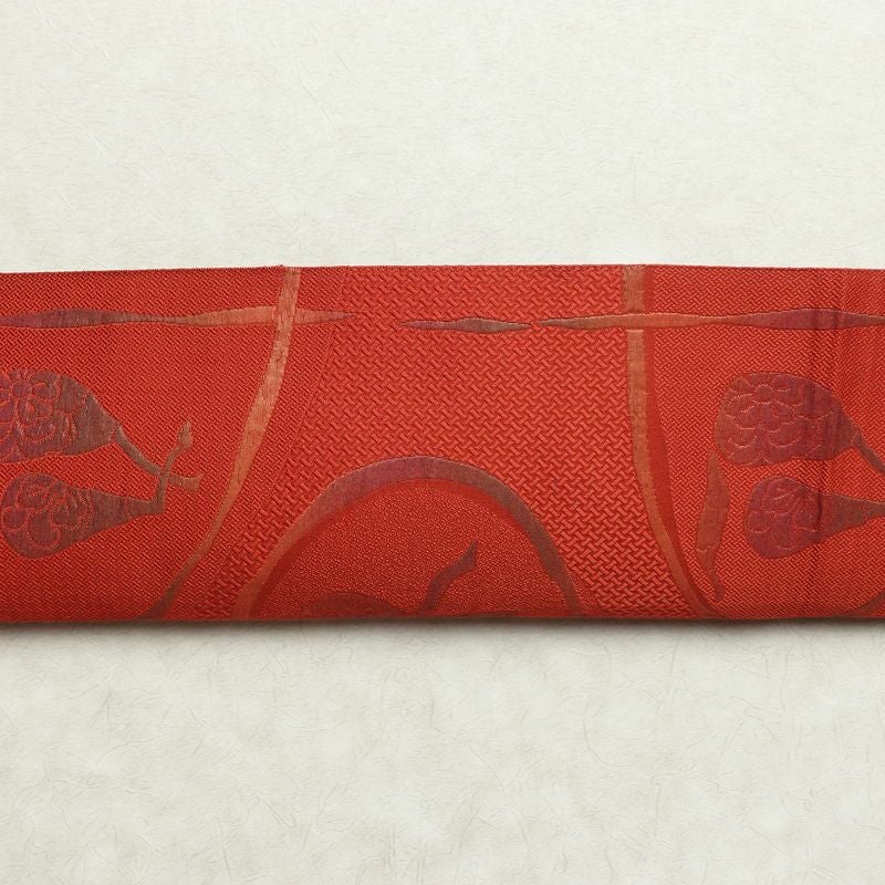 名古屋帯 六通柄 正絹 幾何学柄・抽象柄 通し仕立て なごや帯 リサイクル帯 帯 赤・朱_画像15