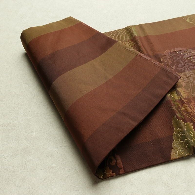 名古屋帯 六通柄 良品 正絹 木の葉・植物柄 名古屋仕立て なごや帯 リサイクル帯 帯 モダン 茶_画像11