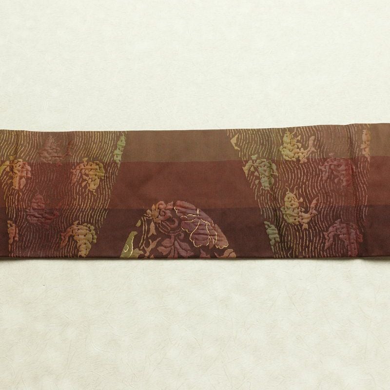 名古屋帯 六通柄 良品 正絹 木の葉・植物柄 名古屋仕立て なごや帯 リサイクル帯 帯 モダン 茶_画像14