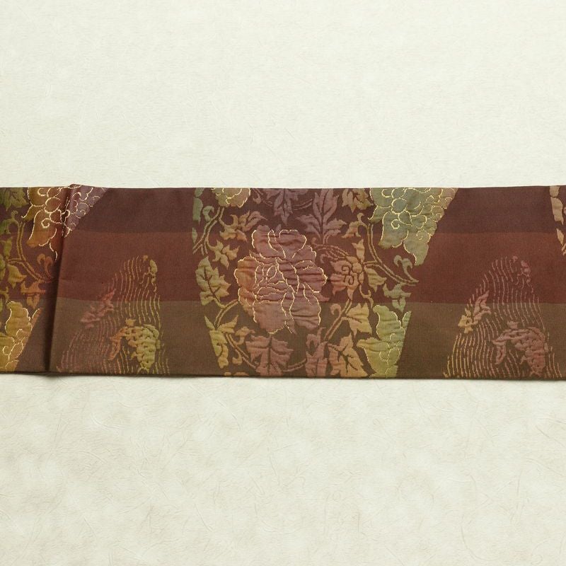 名古屋帯 六通柄 良品 正絹 木の葉・植物柄 名古屋仕立て なごや帯 リサイクル帯 帯 モダン 茶_画像15