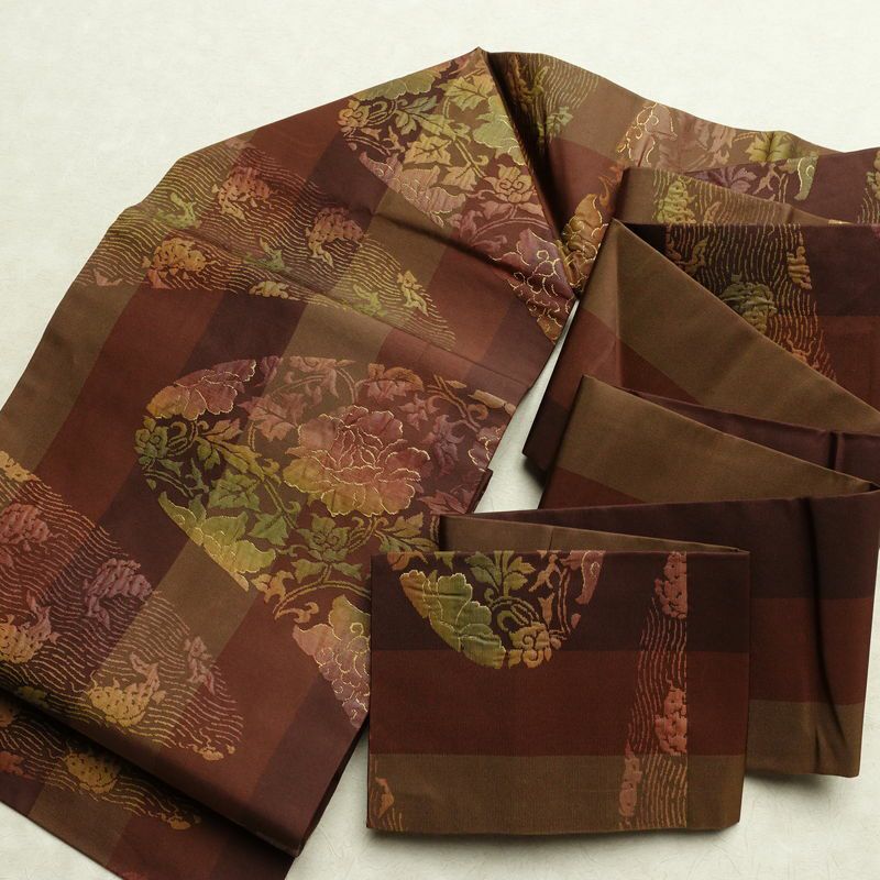 名古屋帯 六通柄 良品 正絹 木の葉・植物柄 名古屋仕立て なごや帯 リサイクル帯 帯 モダン 茶_画像17