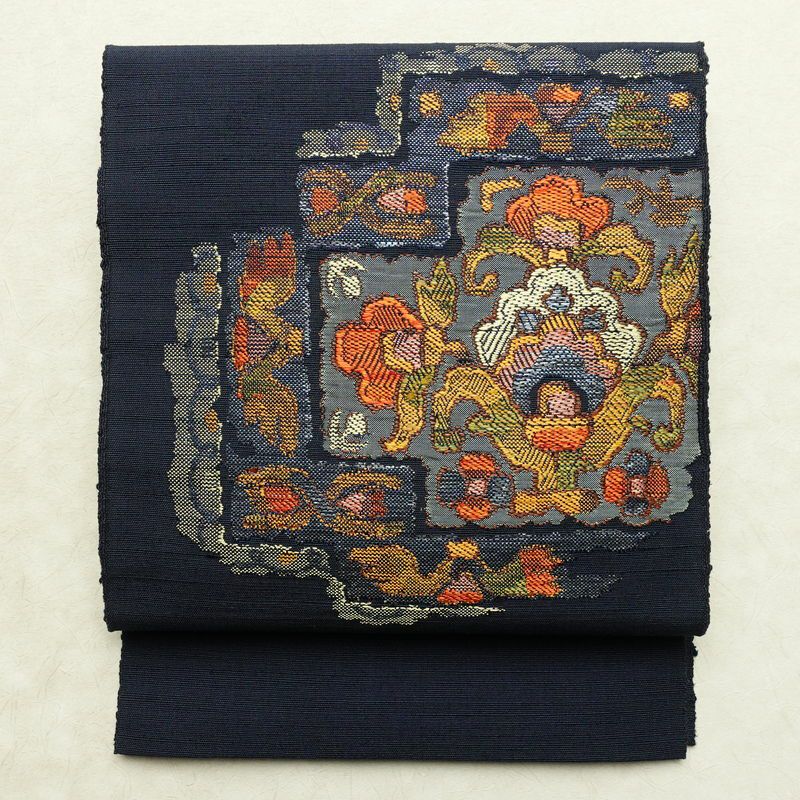 名古屋帯 太鼓柄 良品 正絹 幾何学柄・抽象柄 通し仕立て なごや帯 リサイクル帯 帯 モダン 紬地 青・紺_画像1