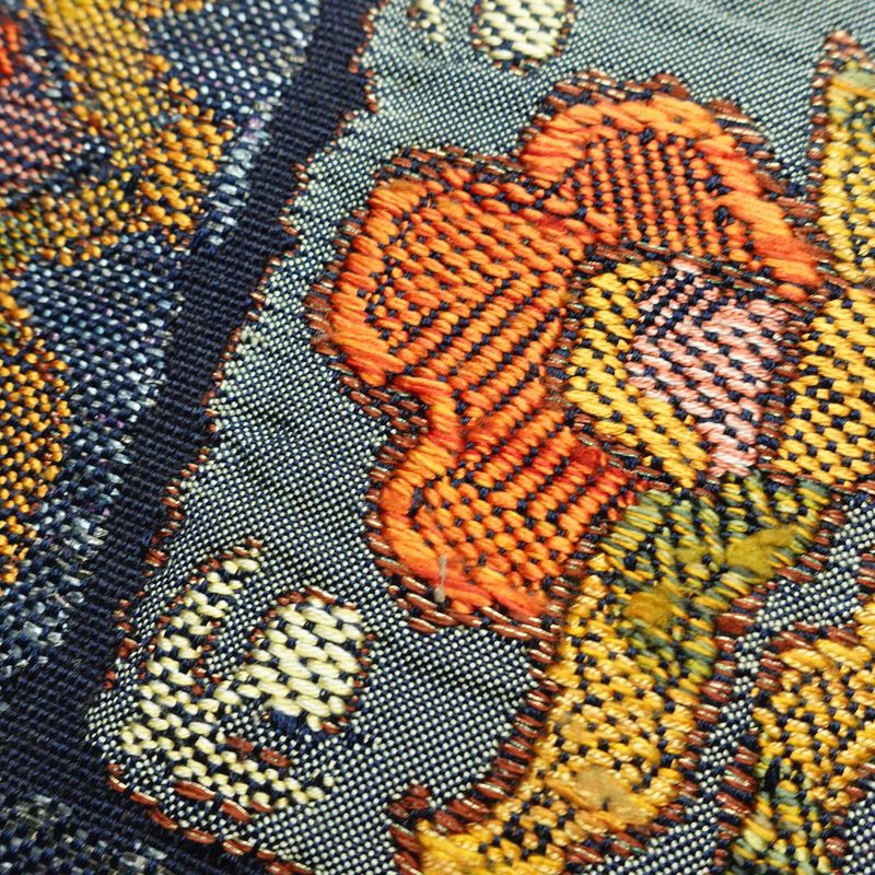 名古屋帯 太鼓柄 良品 正絹 幾何学柄・抽象柄 通し仕立て なごや帯 リサイクル帯 帯 モダン 紬地 青・紺_画像6