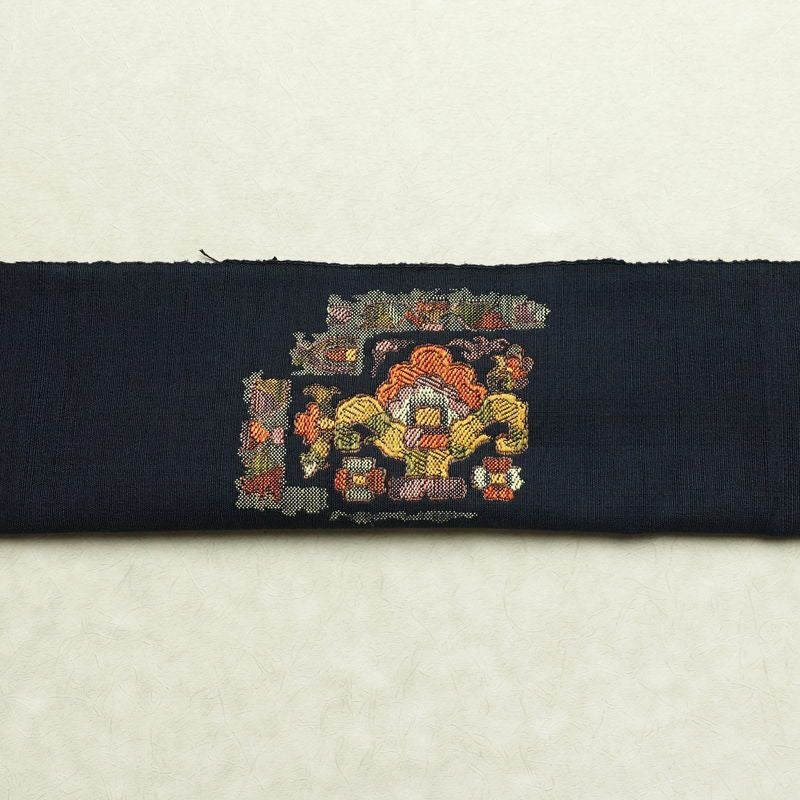 名古屋帯 太鼓柄 良品 正絹 幾何学柄・抽象柄 通し仕立て なごや帯 リサイクル帯 帯 モダン 紬地 青・紺_画像16