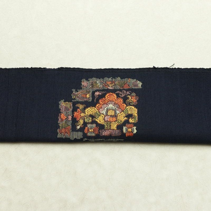 名古屋帯 太鼓柄 良品 正絹 幾何学柄・抽象柄 通し仕立て なごや帯 リサイクル帯 帯 モダン 紬地 青・紺_画像17