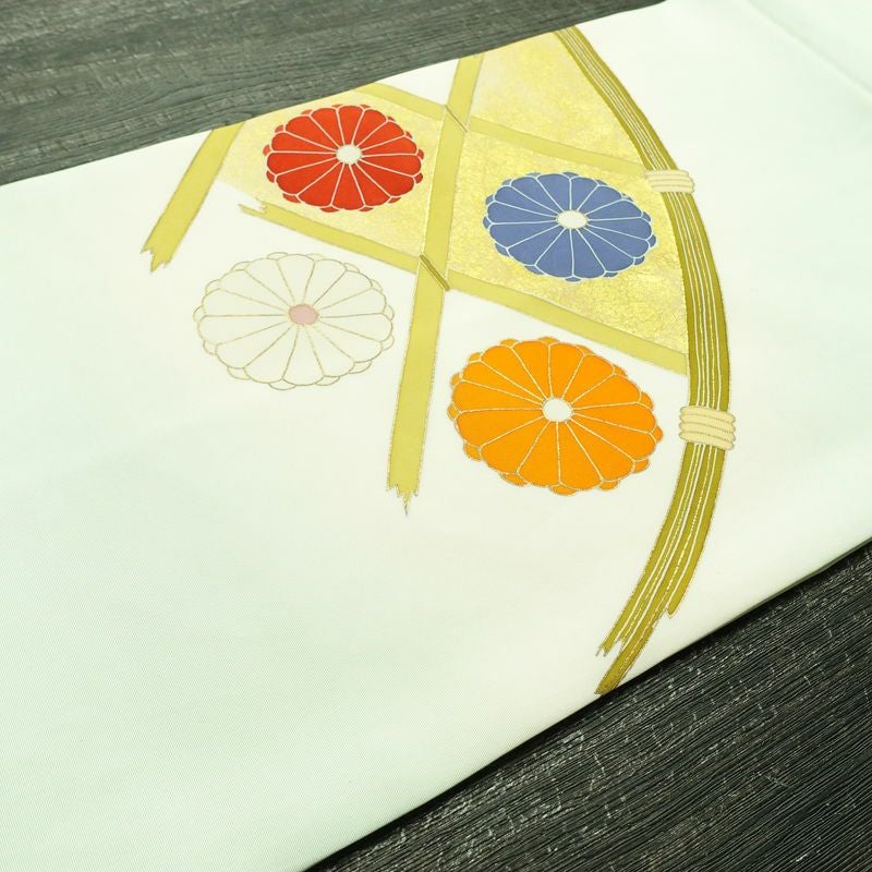 名古屋帯 太鼓柄 正絹 花柄 名古屋仕立て なごや帯 リサイクル帯 帯 箔 銀彩 シンプル 菊 緑・うぐいす色_画像12