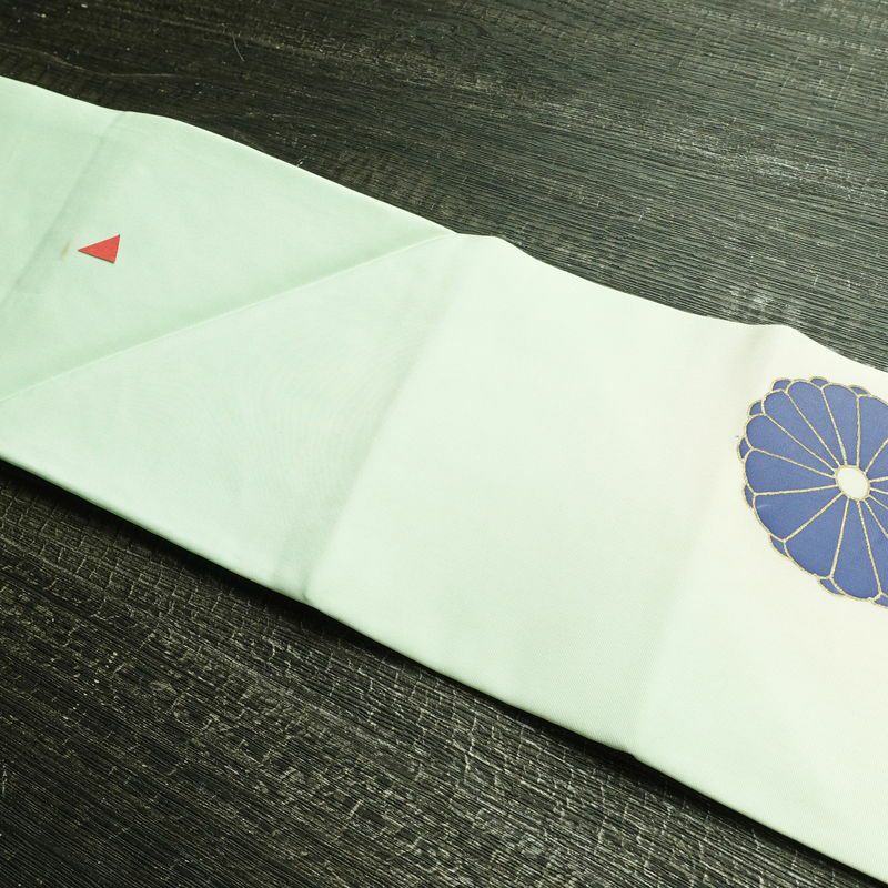 名古屋帯 太鼓柄 正絹 花柄 名古屋仕立て なごや帯 リサイクル帯 帯 箔 銀彩 シンプル 菊 緑・うぐいす色_画像16