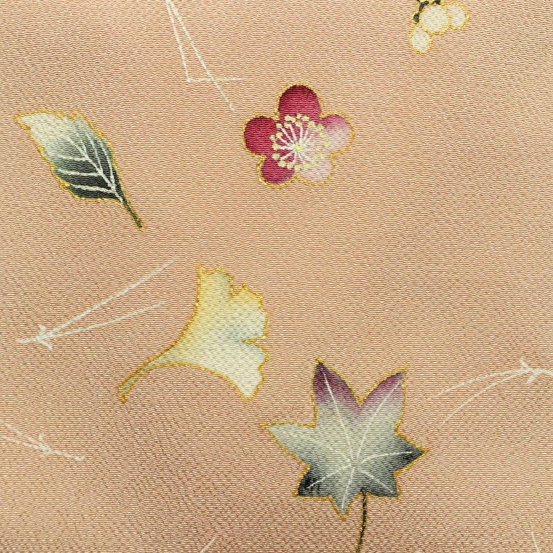 名古屋帯 太鼓柄 縮緬 正絹 木の葉・植物柄 名古屋仕立て なごや帯 リサイクル帯 帯 箔 金彩 シンプル ピンク_画像2