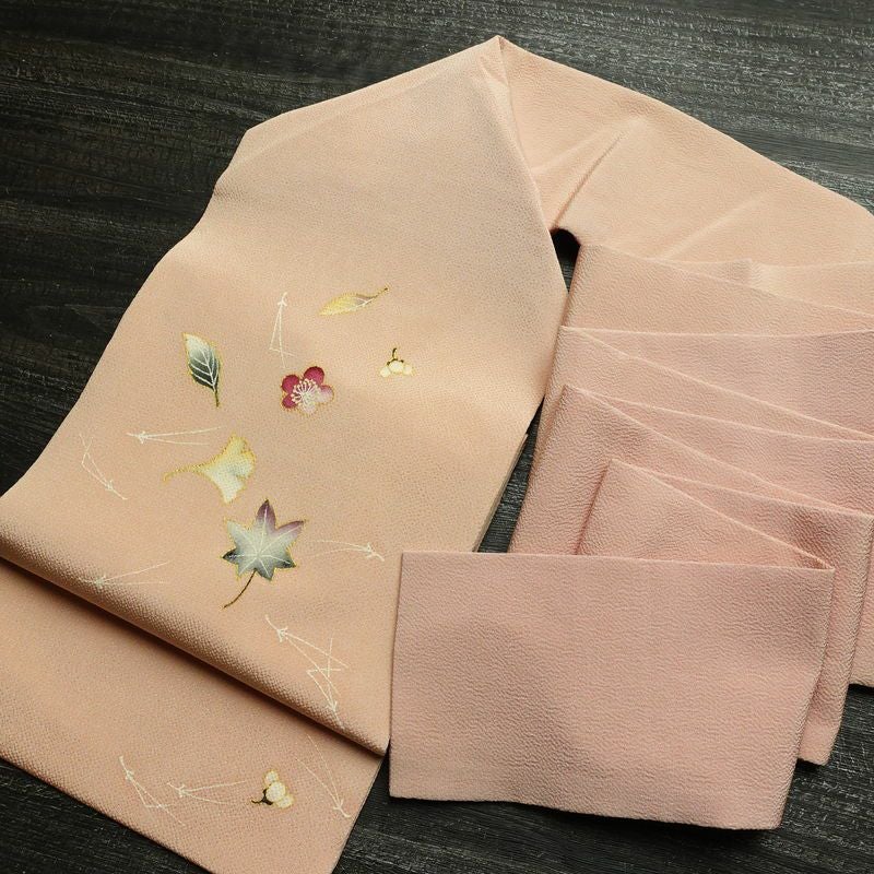 名古屋帯 太鼓柄 縮緬 正絹 木の葉・植物柄 名古屋仕立て なごや帯 リサイクル帯 帯 箔 金彩 シンプル ピンク_画像16