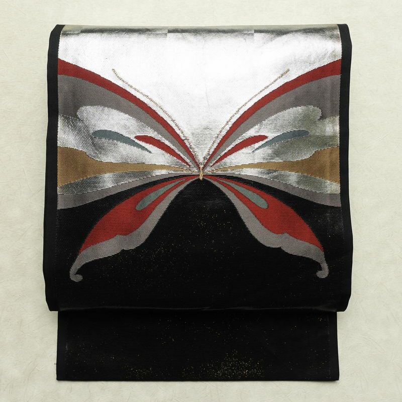 名古屋帯 太鼓柄 正絹 蝶・昆虫柄 名古屋仕立て なごや帯 リサイクル帯 帯 箔 引箔 黒_画像1