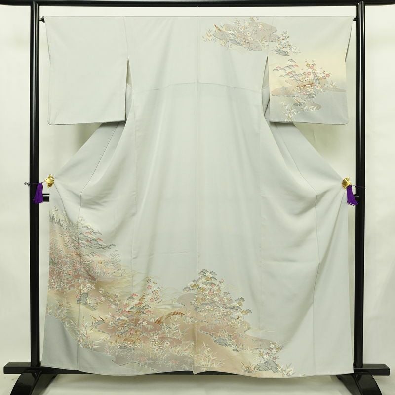 訪問着 良品 落款入り 縮緬 一つ紋付き 正絹 風景柄 袷仕立て 身丈