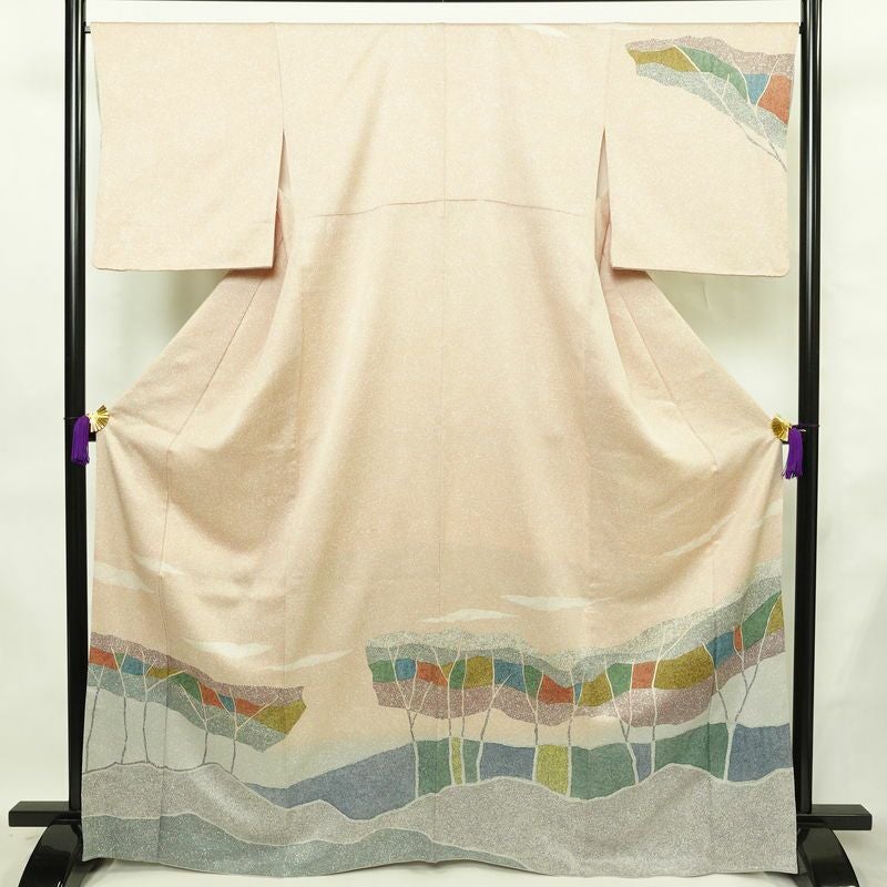 訪問着 正絹 幾何学柄・抽象柄 袷仕立て 身丈167cm 裄丈66.5cm リサイクル着物 着物 フォーマル ベージュ_画像1