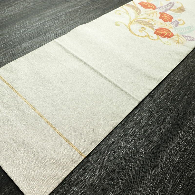 名古屋帯 太鼓柄 正絹 木の葉・植物柄 松葉仕立て なごや帯 リサイクル帯 帯 金・銀_画像9
