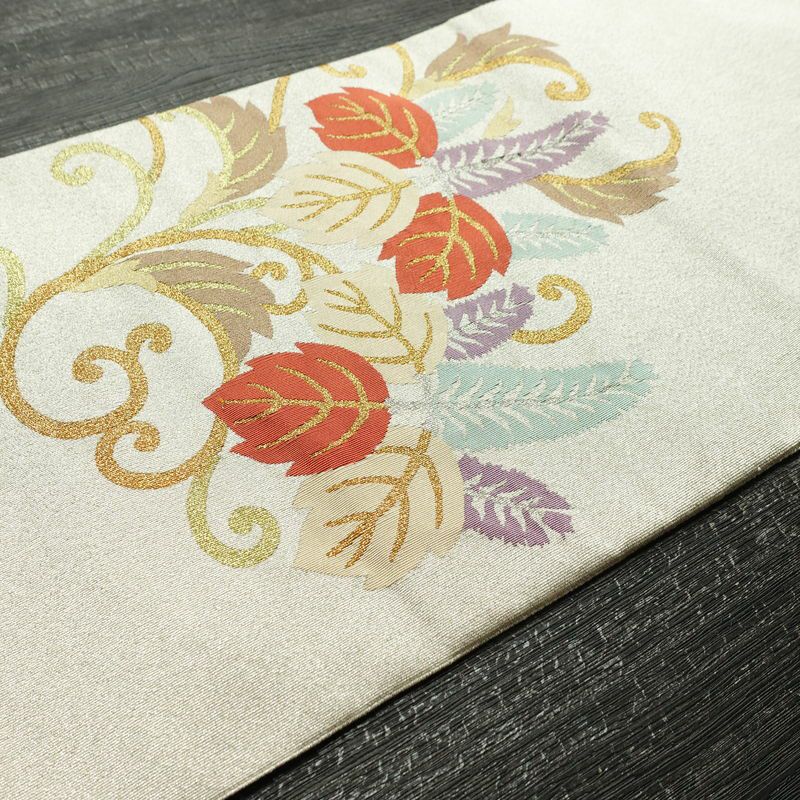 名古屋帯 太鼓柄 正絹 木の葉・植物柄 松葉仕立て なごや帯 リサイクル帯 帯 金・銀_画像12