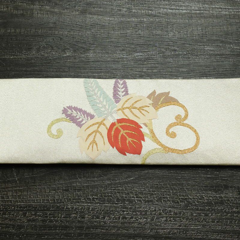 名古屋帯 太鼓柄 正絹 木の葉・植物柄 松葉仕立て なごや帯 リサイクル帯 帯 金・銀_画像14