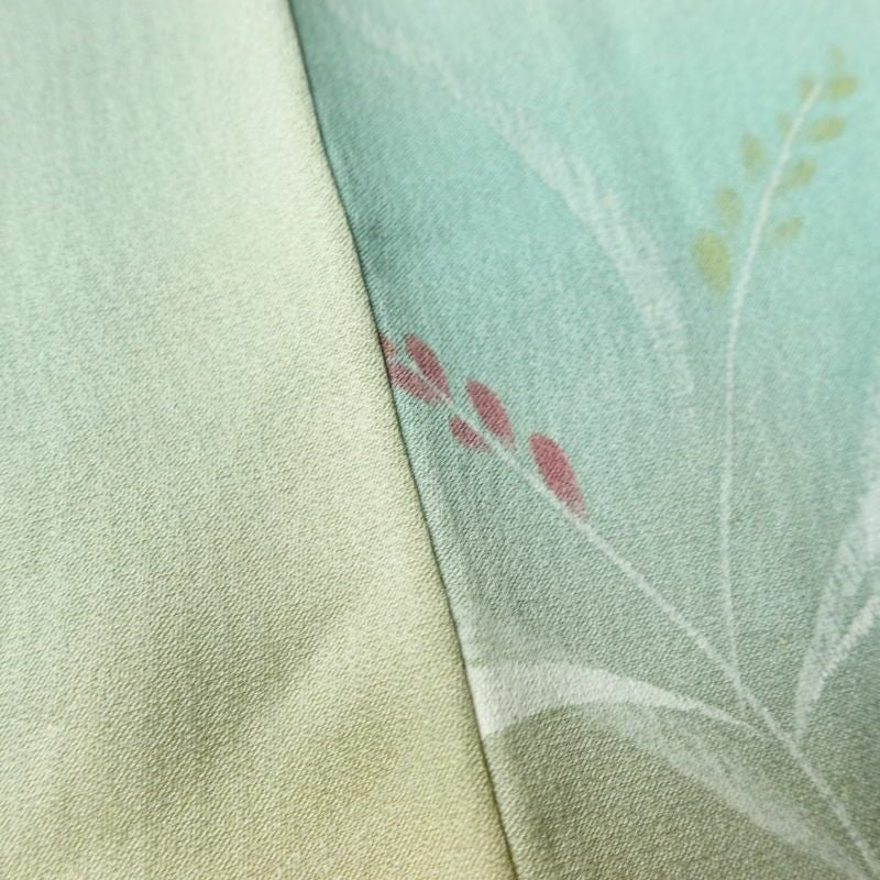 単衣 小紋 一つ紋付き 正絹 木の葉・植物柄 単衣仕立て 身丈153cm 裄丈62cm リサイクル着物 着物 多色使い_画像11