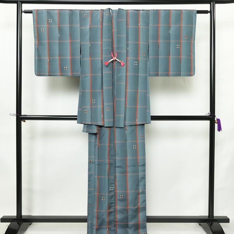 紬 アンサンブル 良品 しつけ糸付き セット品 正絹 チェック・格子柄 袷仕立て 身丈165cm 裄丈66cm リサイクル着物 着物 青・紺_画像1