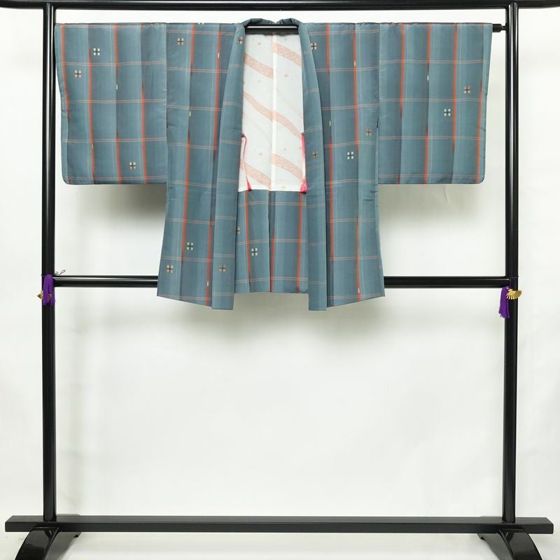 紬 アンサンブル 良品 しつけ糸付き セット品 正絹 チェック・格子柄 袷仕立て 身丈165cm 裄丈66cm リサイクル着物 着物 青・紺_画像4