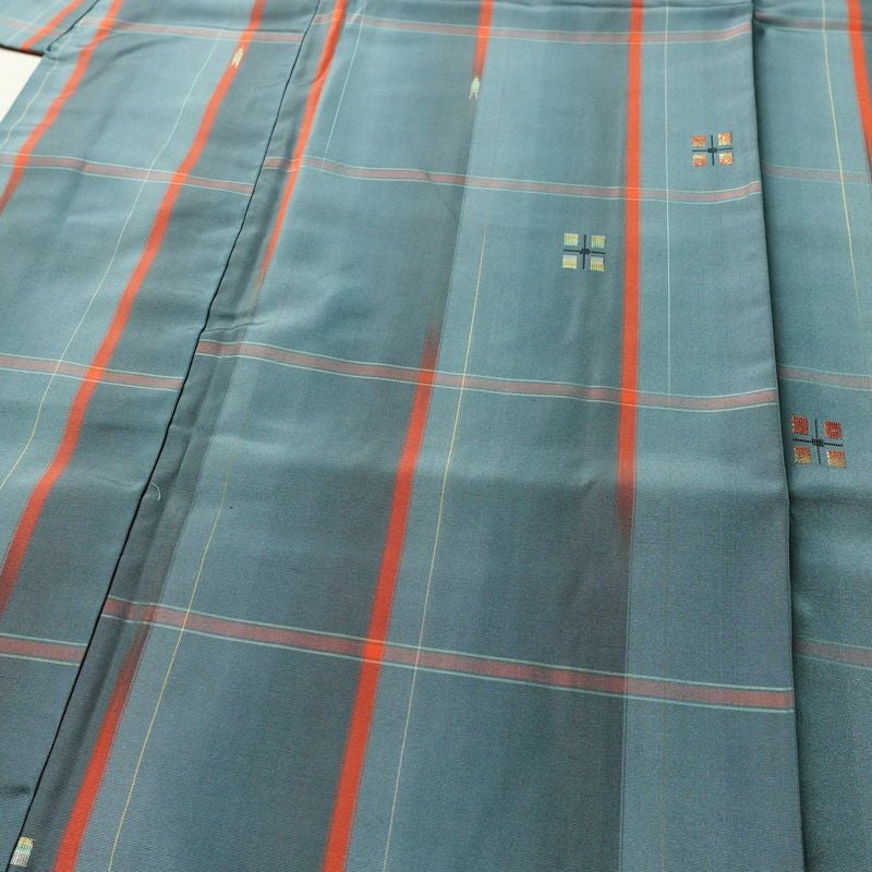 紬 アンサンブル 良品 しつけ糸付き セット品 正絹 チェック・格子柄 袷仕立て 身丈165cm 裄丈66cm リサイクル着物 着物 青・紺_画像6